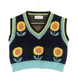 Hyipels Womens Sunflower Sweater Vest Small Black Academia Floral Boho Preppy‎